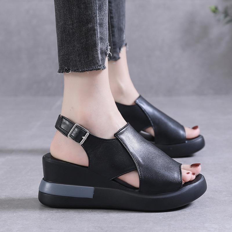 thick-soled wedge sandals women's new summer high-heeled fish-mouth women's shoes soft leather heightening muffin shoes