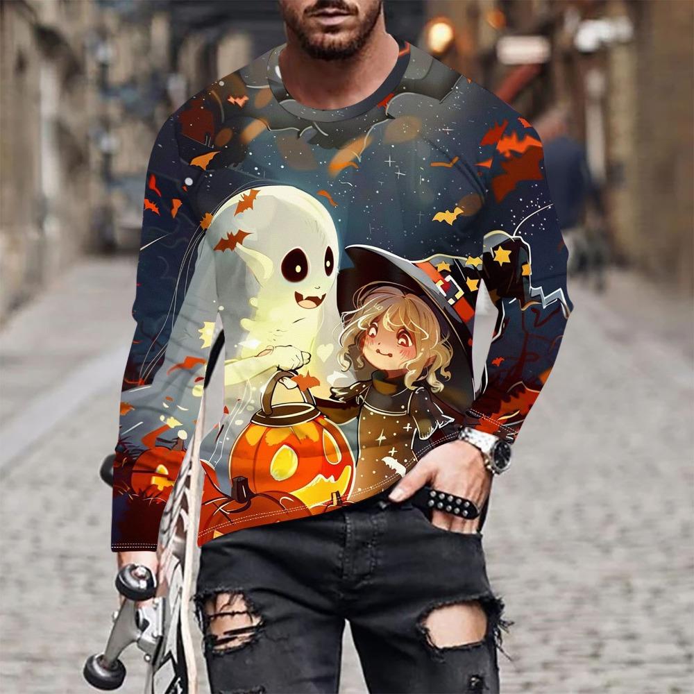 Fashion Men's Pumpkin Ghost 3D Printed T-shirt Comfortable Soft Breathable Loose Large Casual Sports Versatile Round Neck Long Sleeve T-shirt
