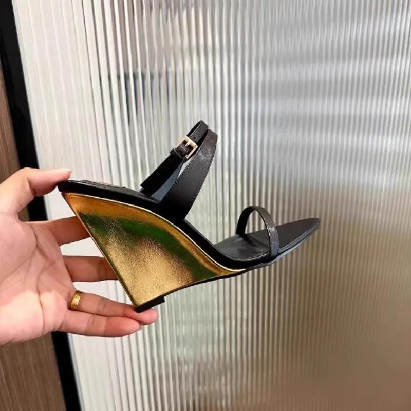 Fashion Women Wedges Sandals Pointed Toe Cross Strap One Belt Buckle Sexy Black Sandals 2025 Summer New Elegant Party Dress Women Shoes
