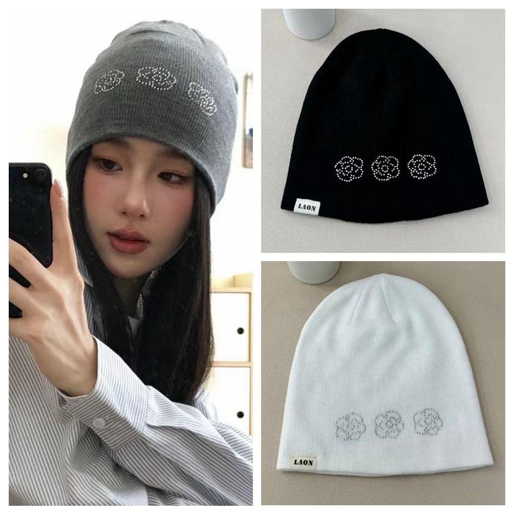 

Wool Hat Rhinestone Flower Beanies Korean Knit Cap Casual Knitted Hat Girls