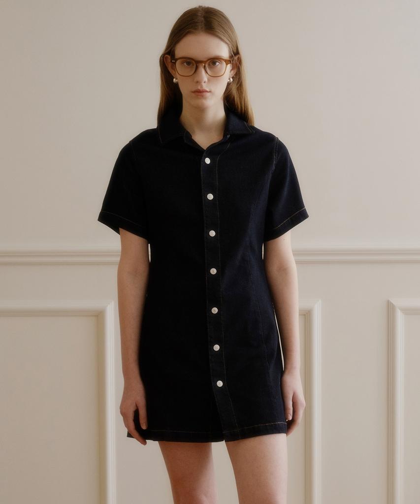 Plack Woman Short Sleeve Denim Dress_2 Colors