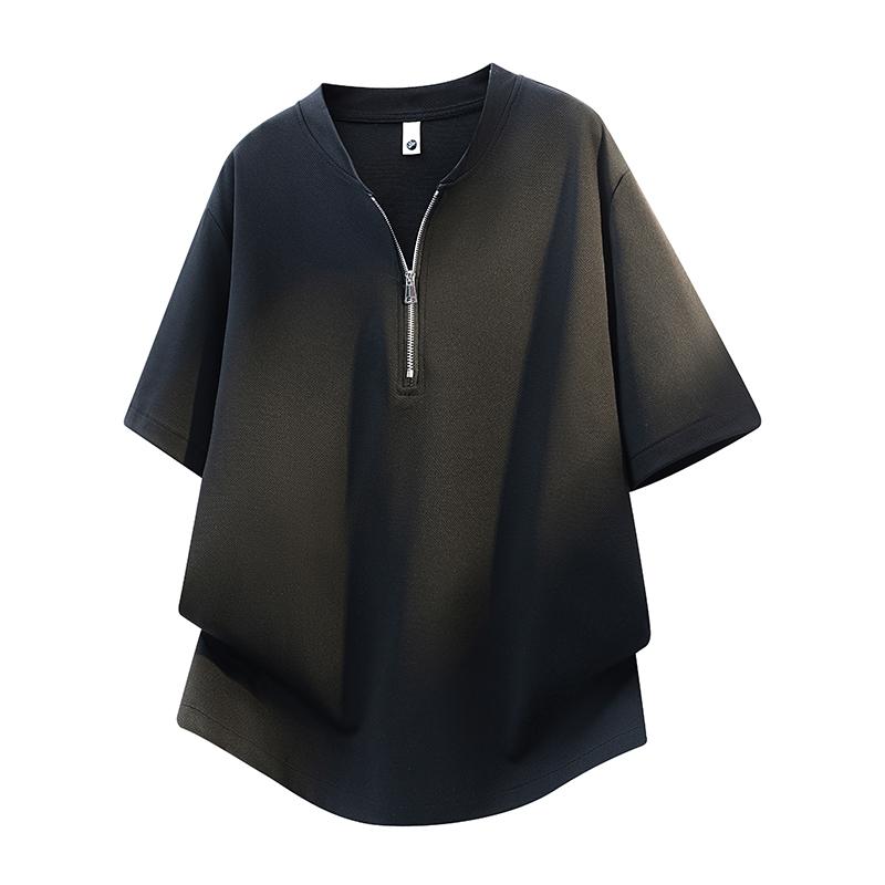

Summer T Shirts for Man Yamamoto Style Zipper Texture Designer V-collar Short Sleeve Ice Silk Casual Man Hip Hop Tees Streetwear 5XL чорний