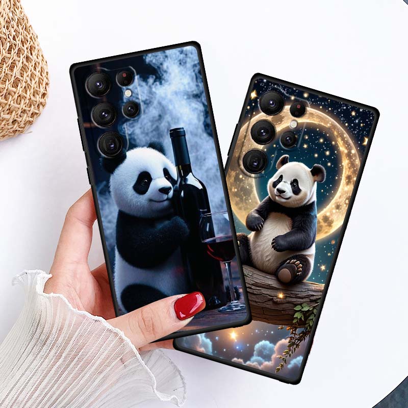 Cartoon Anime Panda Cute Phone Case For Samsung Galaxy S26 S25 S24 S23 S22 S21 S20 Ultra Plus FE 5G Black Soft TPU
