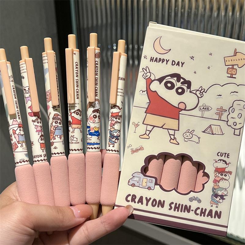 6Pcs Kawaii Crayon Shin-Chan Gel Pen Quick-Drying Black Ink Writing Smooth Soft Grip Pen Cute Student Stationery Office Supplies