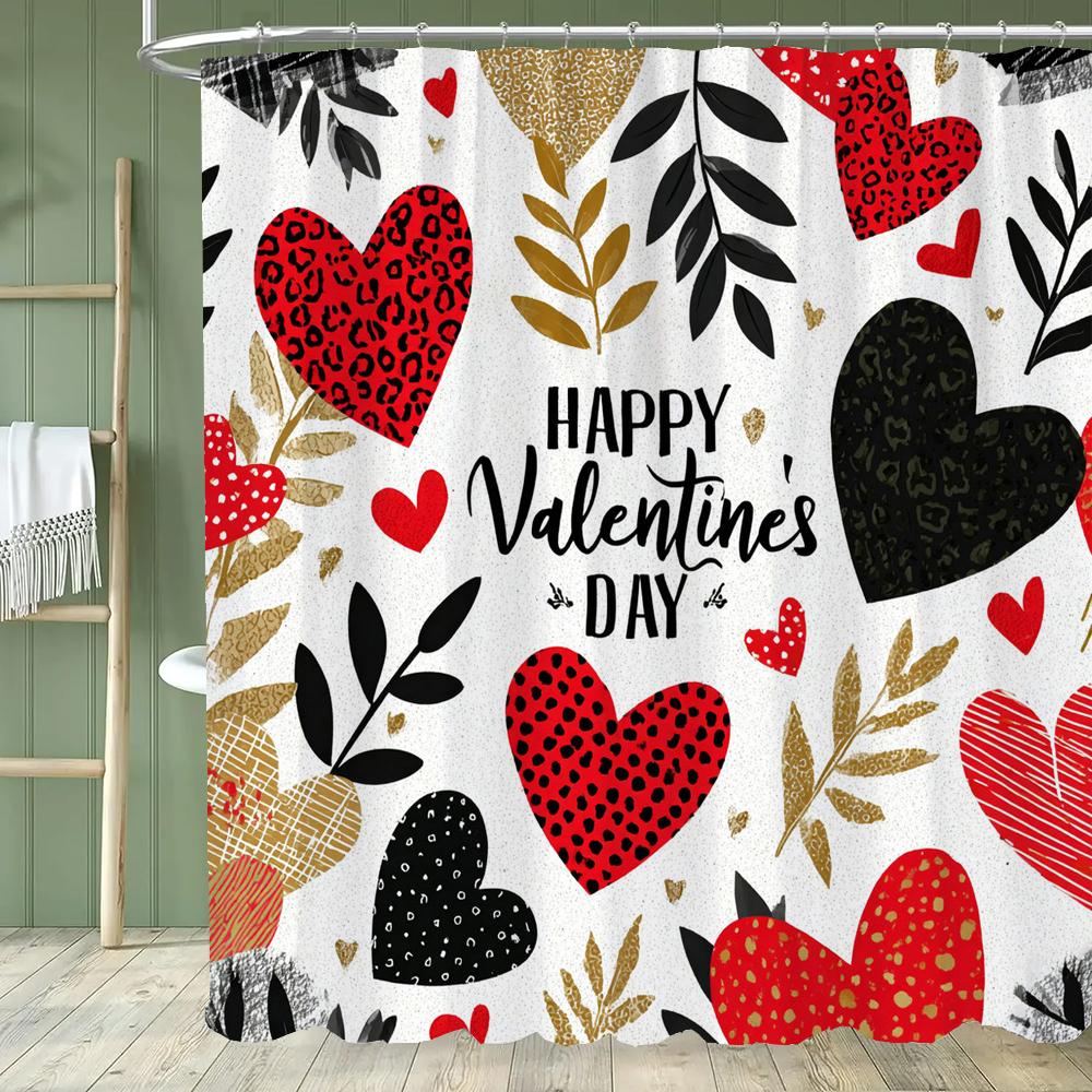 Modern Red Love Pattern Shower Curtain,Lover Printed Polyester Fabric Decorative Bathroom Curtain, Home Curtain with Hooks