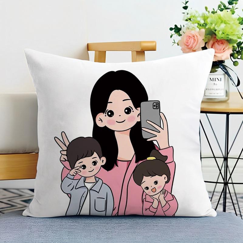 Happy Family Print Decorative Pillowcase Bedroom Living Room Square Cushion Pillowcase