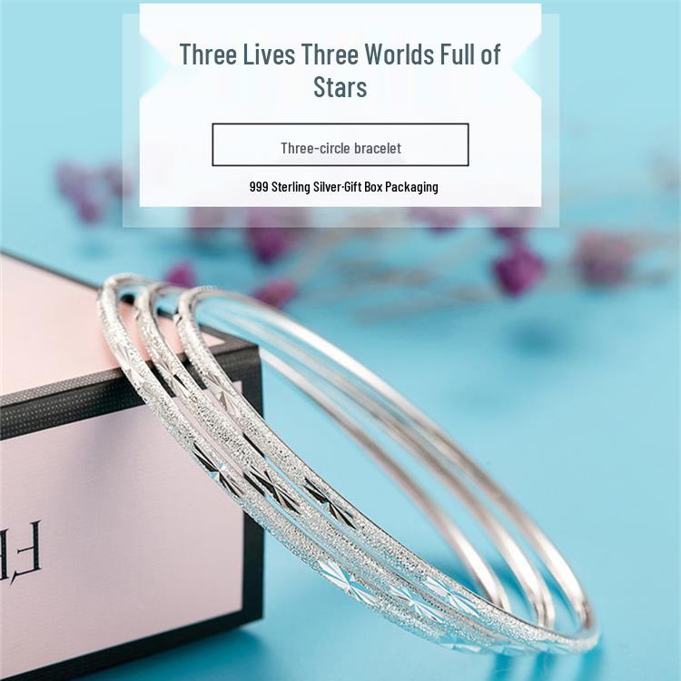 Three Lives Three Worlds Silver Plated Frosted Bangle Bracelet with Carved Text, Adjustable Design