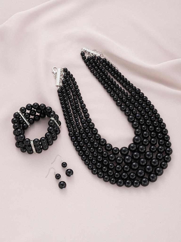 Punk Pearl Jewelry Set for Women Multi Layered Imitation Pearl Choker Necklace Bracelet Drop Earring Set Boho Handmade Jewelry