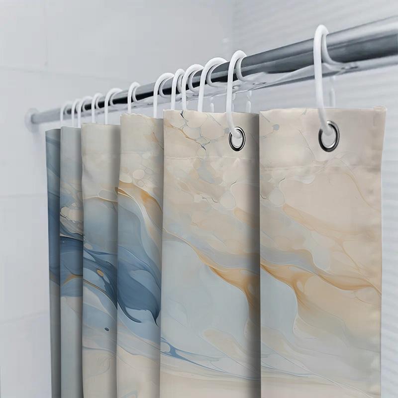 Luxury Blue Beige Marble Print Shower Curtain For Bathroom Decor Waterproof Fabric Material With Silver Grommets Ring Set (180 X