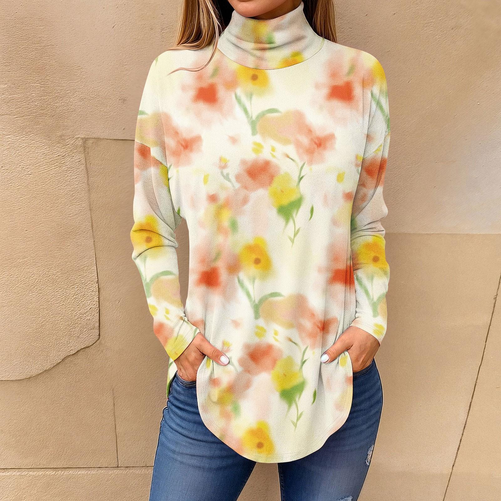 

Жіночі футболки для осені Повсякденні сорочки з довгими рукавами Світшоти Вінтажний пуловер з високим горлом і принтом XL жовтий