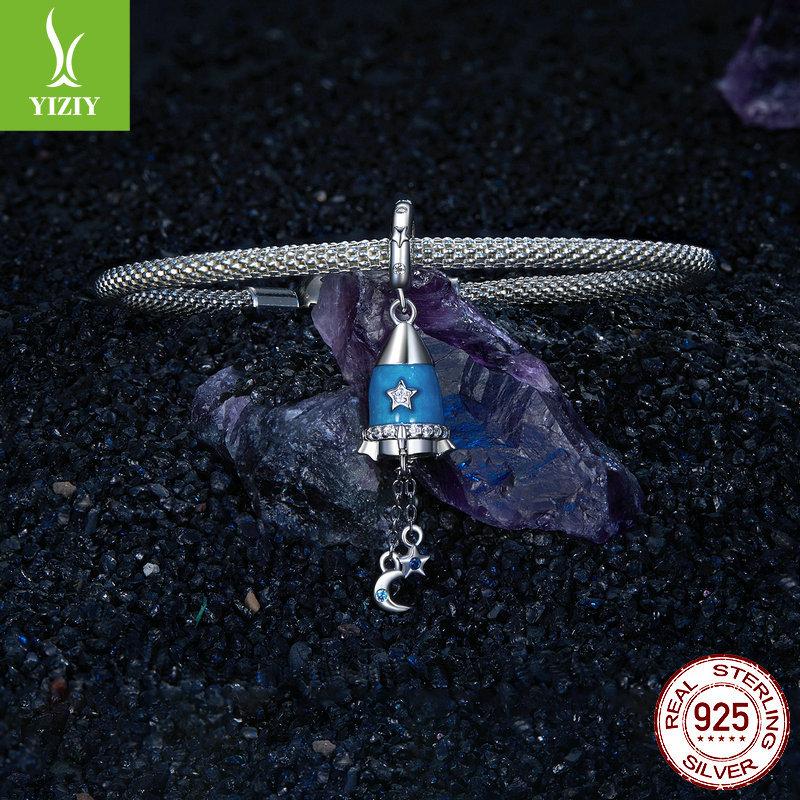 Blue Star Moon Rocket Diy Pendant Accessories, Mysterious Universe S925 Silver Bracelet Beaded