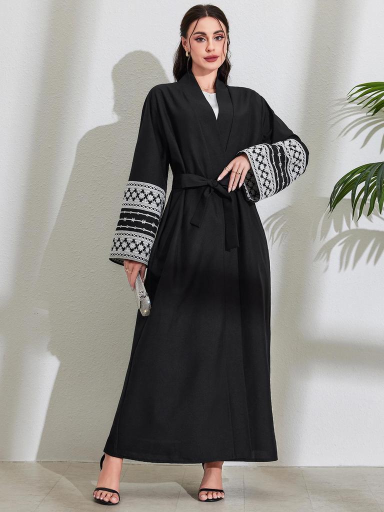 2025 Middle Eastern Muslim Fashion Embroidered Cardigan Dress with Belt and Pocket