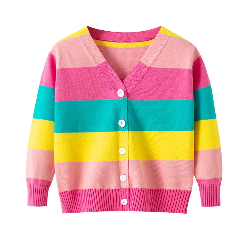 Korean Style Girls  Rainbow Stripe Knit Cardigan - 2026 Cotton Sweater Coat 140 cm
