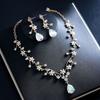 Elegant Pink Floral Rhinestone Jewelry Set for Women Gold Tone Teardrop Pendant Necklace Drop Earrings Bridal Prom Accessories