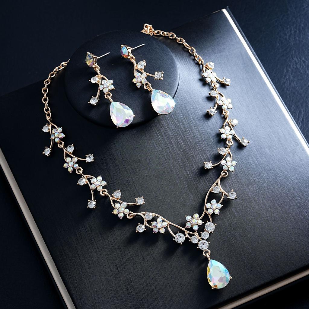 Elegant Pink Floral Rhinestone Jewelry Set for Women Gold Tone Teardrop Pendant Necklace Drop Earrings Bridal Prom Accessories