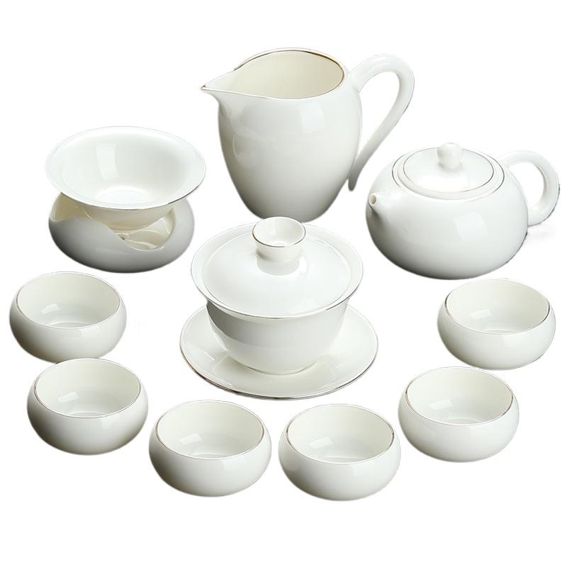 Goat Jade White Porcelain Kung Fu Tea Set Home Brewing Teapot Covered Bowl Chinese Light Luxury Brewing Tea Cup Office Guests