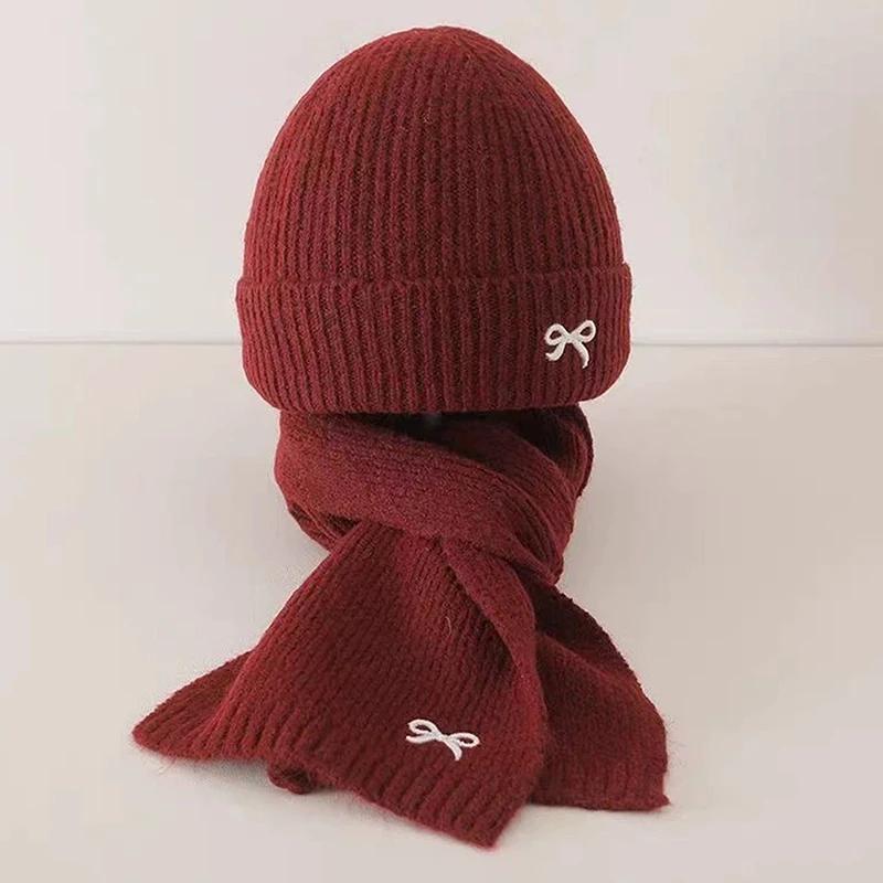 2Pcs Set Korean Children's Hats And Scarves Winter 1-8Y Kids Stylish Bowknot Boy Girl Toddler Windproof Knitted Woolen Cap Scarf