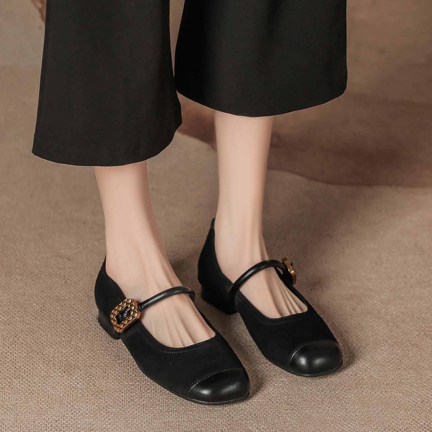 

Весна и Осень слово с толстым каблуком Мэри Джейн замшевые туфли с круглым носком женские на низком каблуке высококлассные ретро туфли бабушки сращивание неглубокий вырез 35