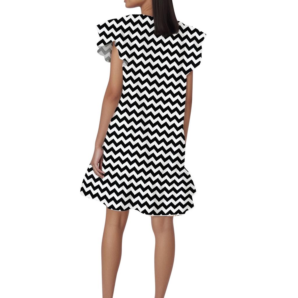 Women's Fashion Casual V Neck Wavy Edge Striped Plaid Print Short Sleeve Dress