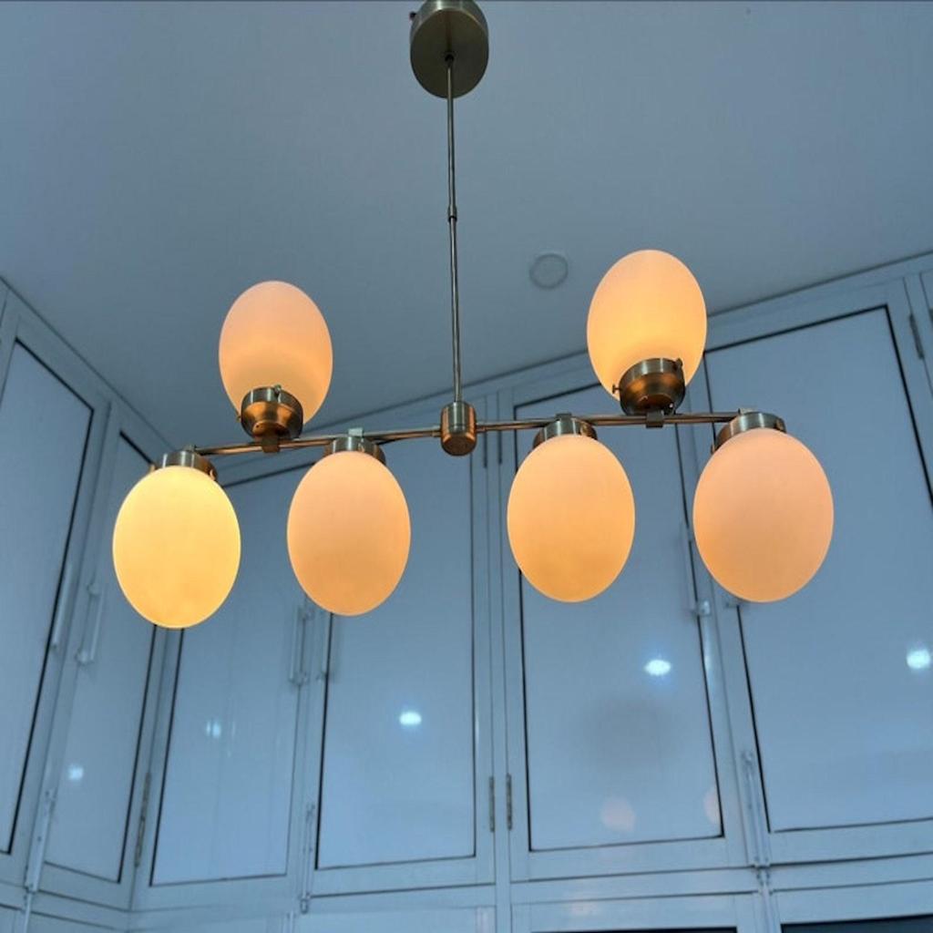 Modern 6 Light Mid Century Home Drawing Room Lobby & Dinning Table Lights Home Décor Frosted Glass Globe Linear Chandeliers