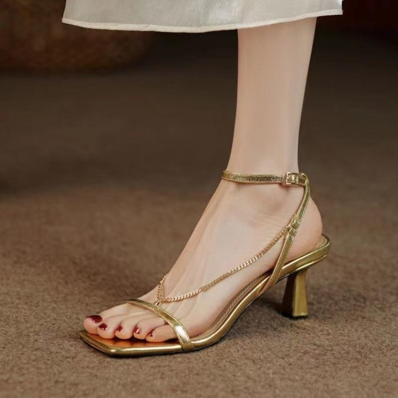 Women's Sandals High Heeled Stiletto Heel Shoes for Luxury Brand Copy Sexy Dance Party Square Toe Gold Elegant Medium Heel
