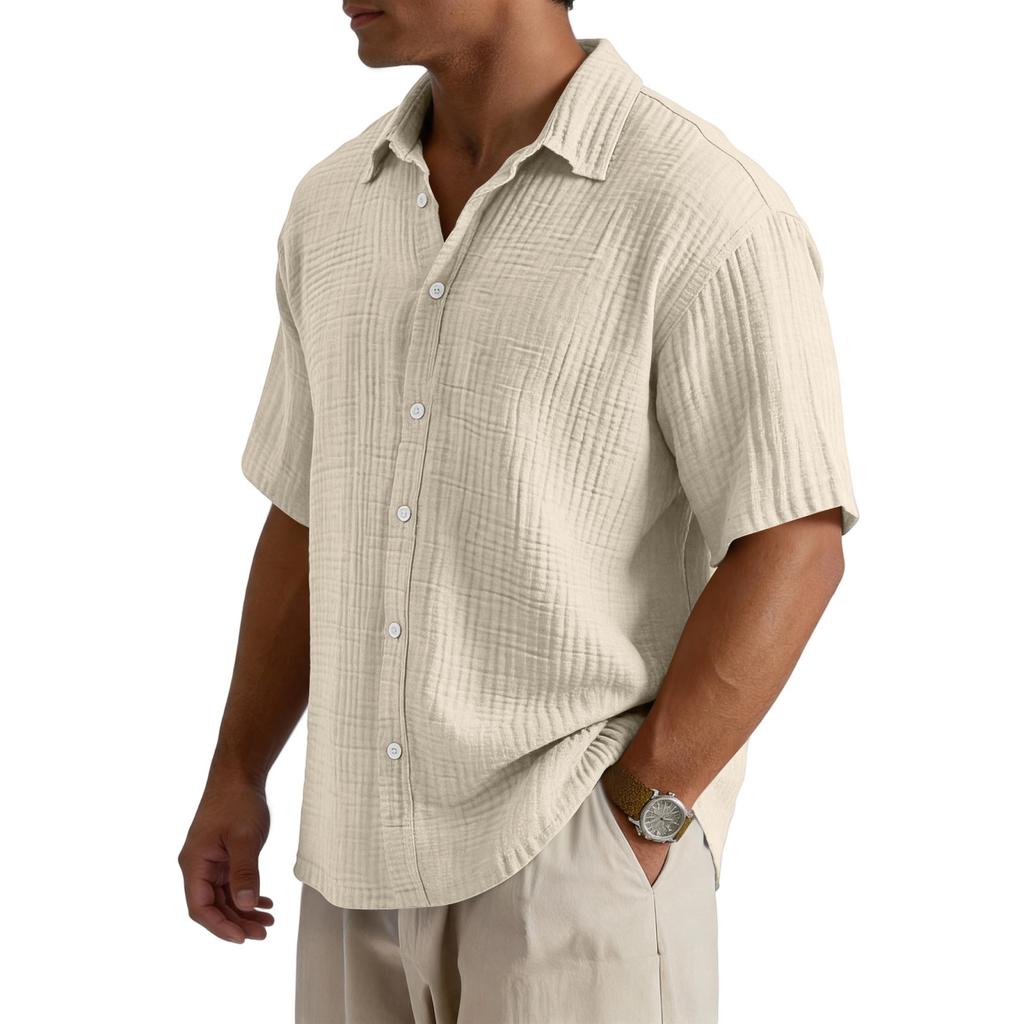 Men’s Loose Fit Casual Cotton Crinkle Texture Shirt Short Sleeve Button Down Collared Top for Everyday Wear