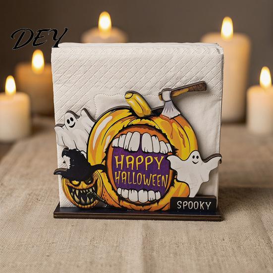 Wooden Paper Towel Dispenser Halloween Napkin Holder, Ghost Pumpkin Decorative Tabletop Tissue Dispenser, Spooky Party Accessories Storage Organizer