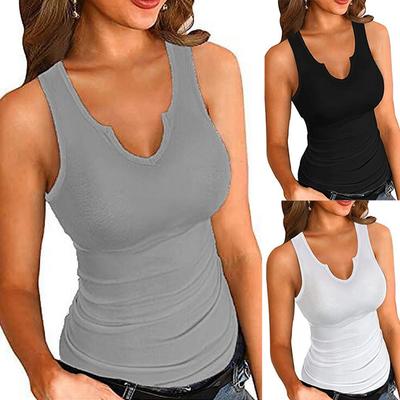 Women's Sleeveless V-neck T-shirt Tank Top Summer Solid Color Casual Sports Fitness Vest Pullover Top Stretch Inner Camisole