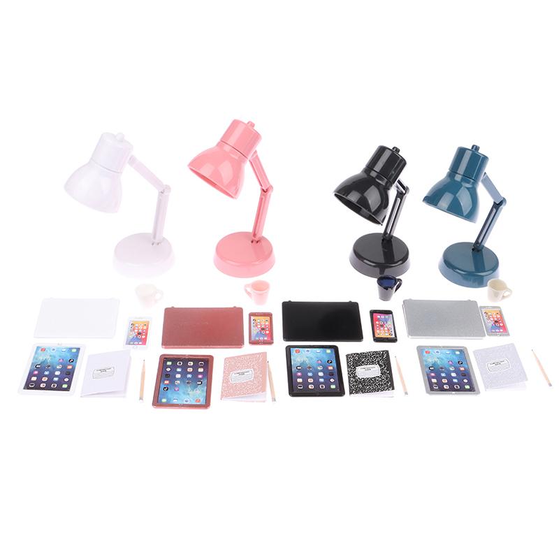 1:12 Dollhouse Miniature Laptop Phone Tablet Desk Lamp Book Desk Set Decor Toy