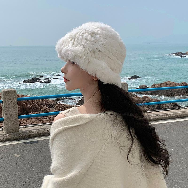 Autumn and winter cloud plush hat women's thermal basin hat big head circumference shows small face fluffy rabbit fur hat