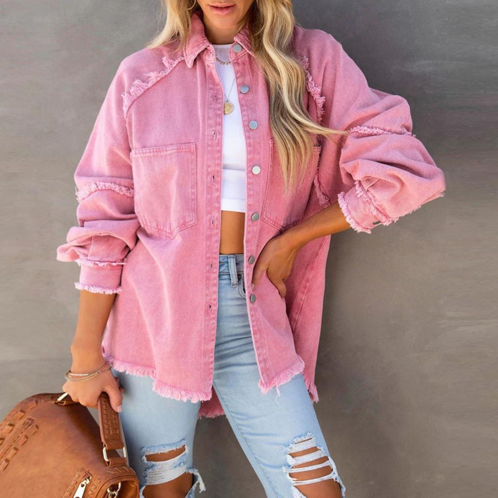 Long Sleeve Denim Jacket Women Washed Raw Edge Mid-Length Loose Jacket