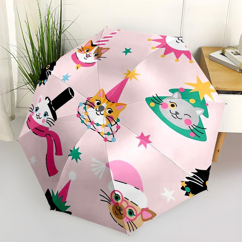 1pc Cats in Festive Hats and Decorations Umbrella with Plastic Handle,Compact & Stylish,Cartoon Pattern,Outdoor UmbrellaPT324
