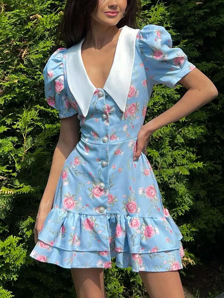 Summer Print Puff Sleeves Ruffled Dress Women's V-Neck High Waist Pearl Buttons Mini Dress Female Casual Vacation Fashion Dress