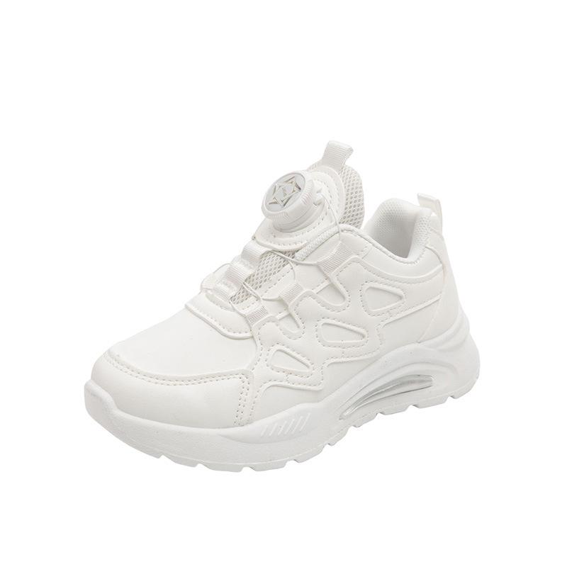 White Leather Sports Shoes with Rotating Button for Girls' & Boys', Soft Sole Lightweight Sneakers for Kids