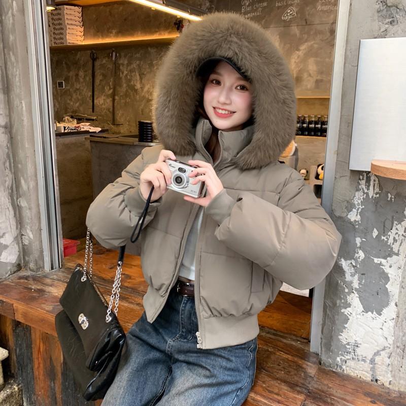 Womens Short Puffer Jacket With Oversized Faux Fur Collar Warm White Duck Down Winter Coat Loose Fit Hooded