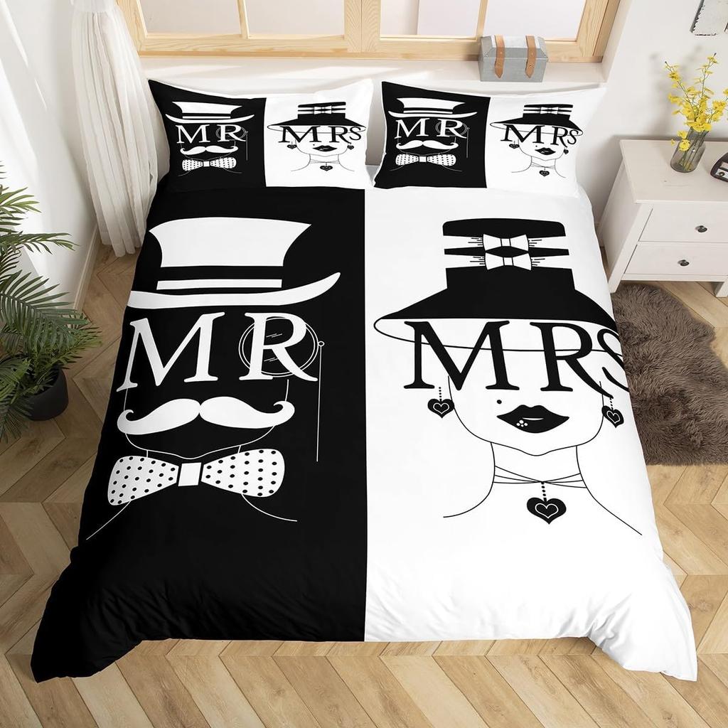 Mrs Mr Duvet Cover Romance Comforter Cover Microfiber White Bedding Set For Boys Girls Teens Adults Wedding Valentine Day Decor