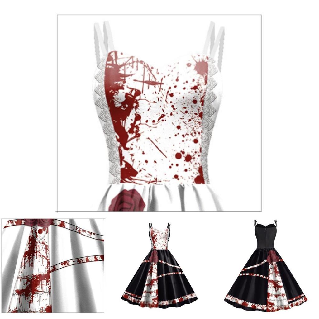Jialin Halloween Dress For Women Scary Printed Sleeveless Costume Dress Summer)