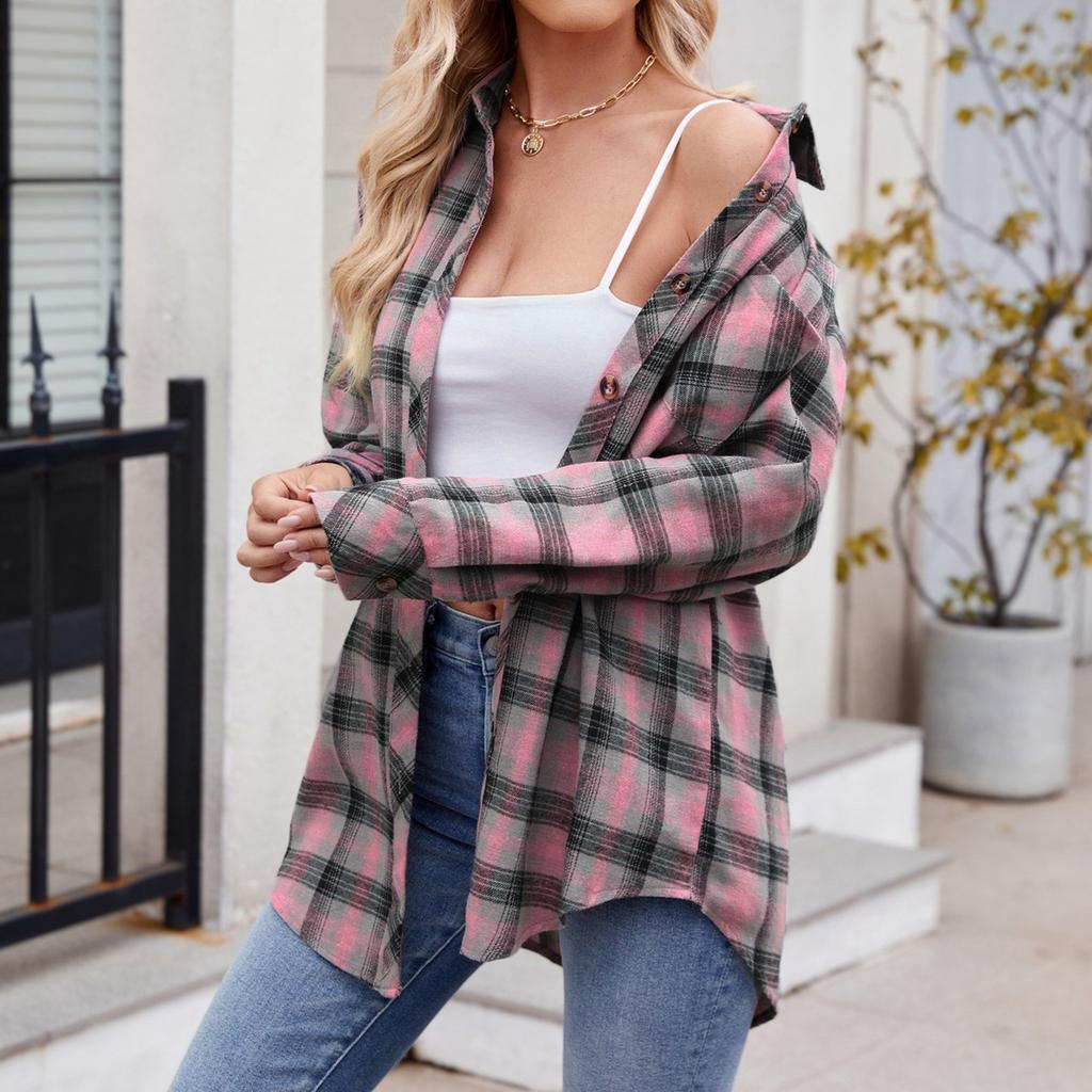 Camicia da donna con bottoni, ampia, a maniche lunghe, leggera, in flanella a quadri, giacca oversize, abbigliamento da donna alla moda 2024