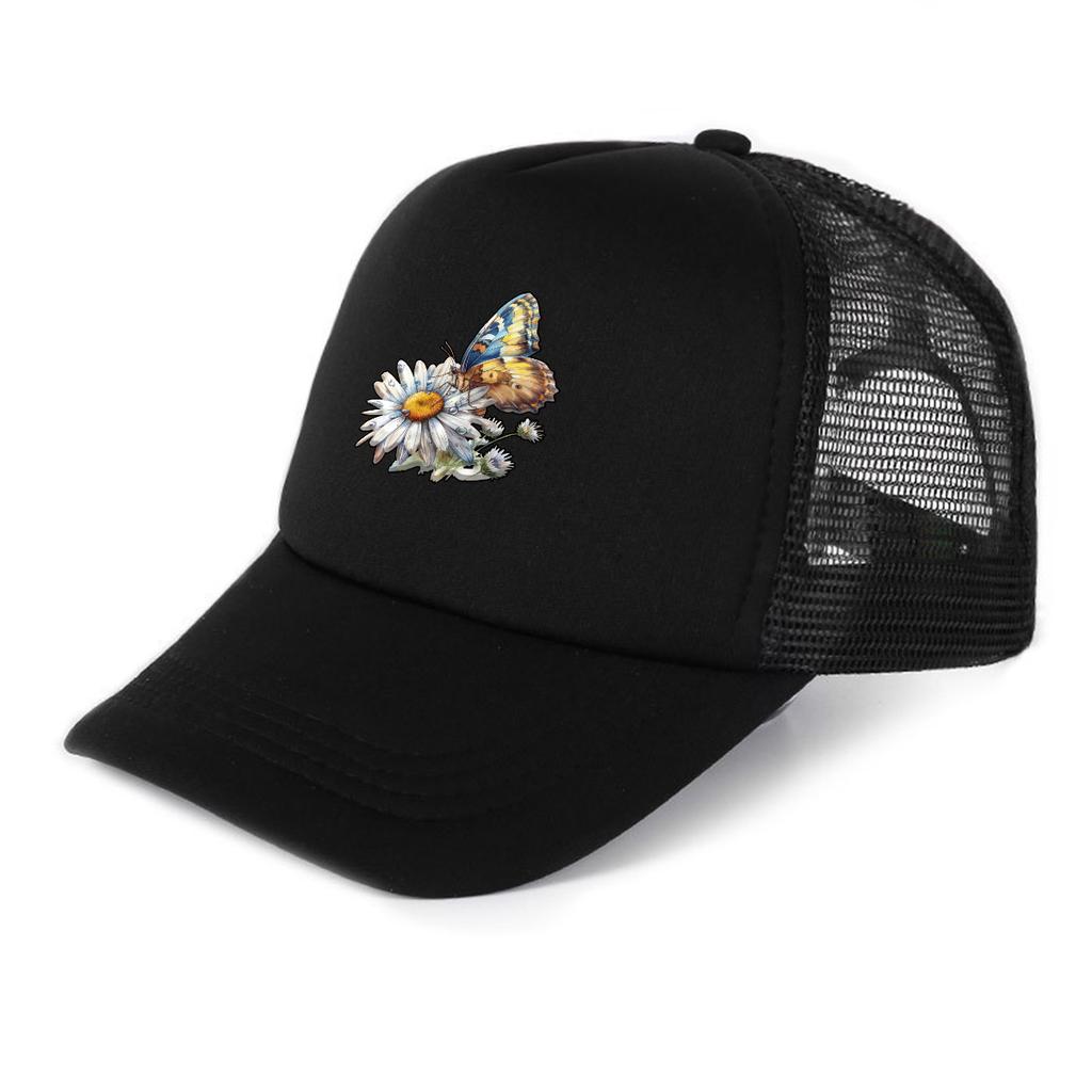 Flower Butterfly Printed Snapback Cap Adjustable Hip Hop Distressed Baseball Hat Unisex for Travelling Tennis Outdoor Sports