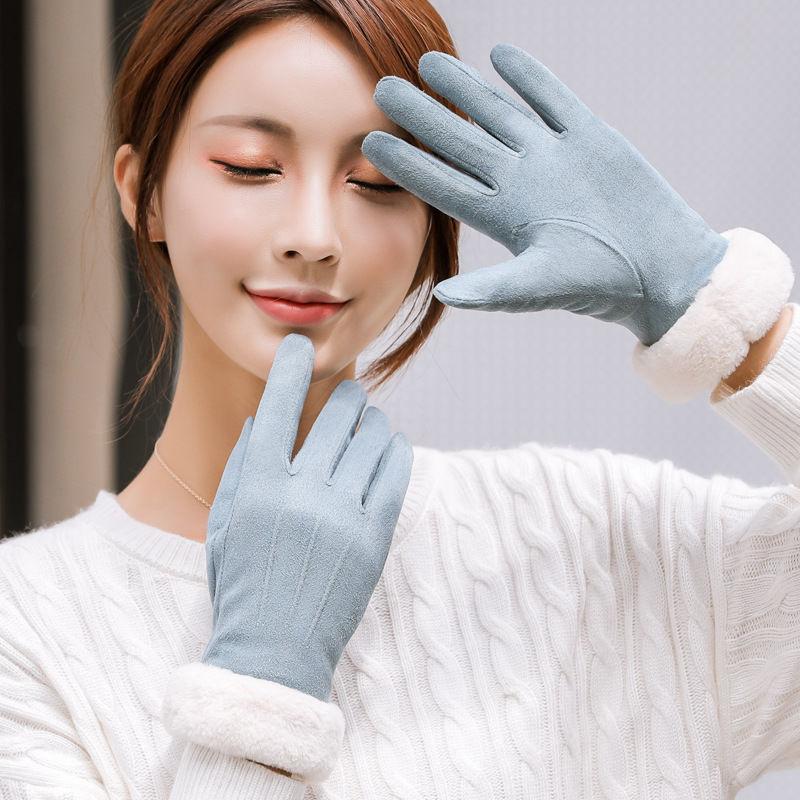 Suede gloves autumn and winter women's warm fleece thickened Korean version touch screen cold-proof cycling driving gloves