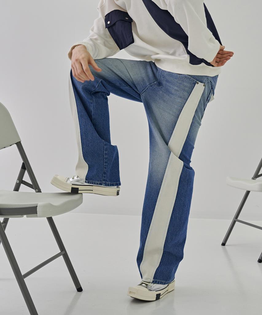 DEMADEN Side Leather Line Wide Pants Blue