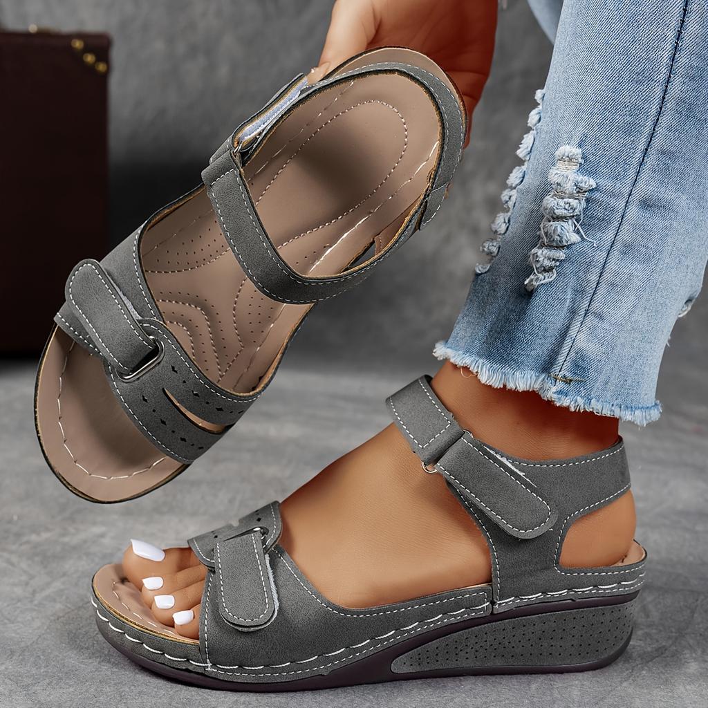 Women's Beige Wedge Sandals - Casual Open-Toe with Comfortable Ankle Strap, Suitable for Summer, Women's Sandals