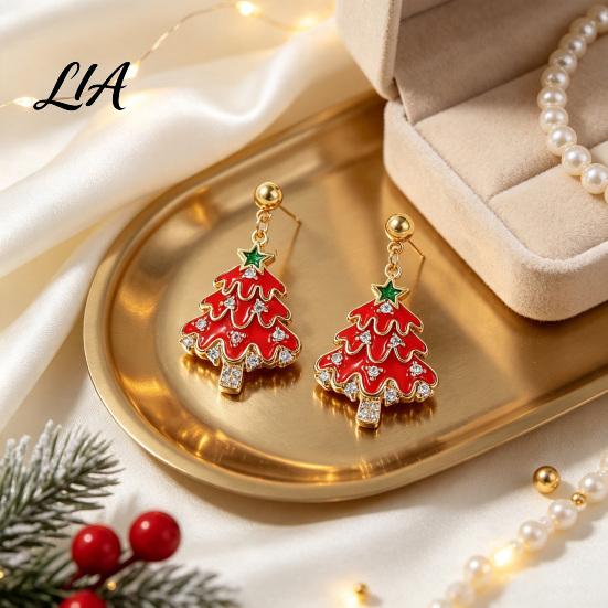Festive Red Green Earrings 1 Pair Christmas for Women, Xmas Tree Dangle Stud Earrings, Sparkling Rhinestone Holiday Festival Accessories Jewelry Women