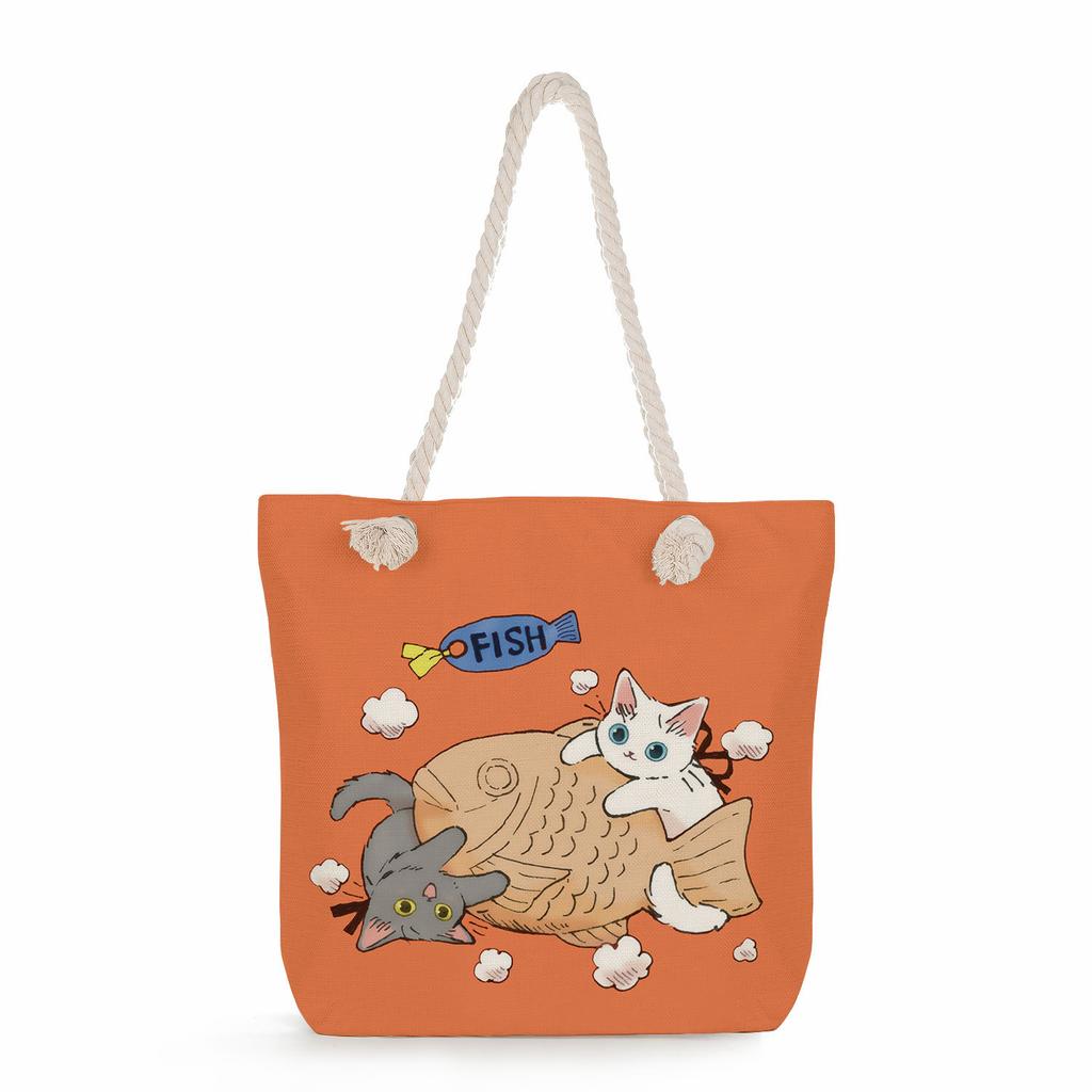 Cat print thick rope single-shoulder beach bag 7215