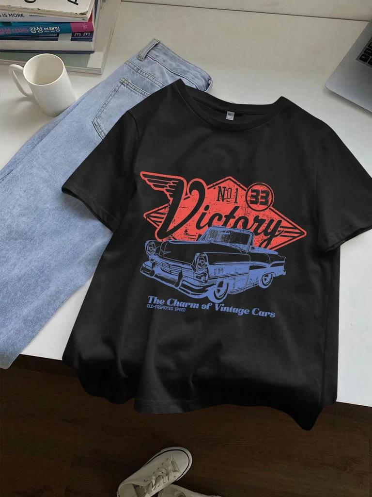 Women Cotton Tshirts The Charm Of Vintage Cars Victory Printing Short Sleeve ONeck Loose Tops Summer Street Female Clothes
