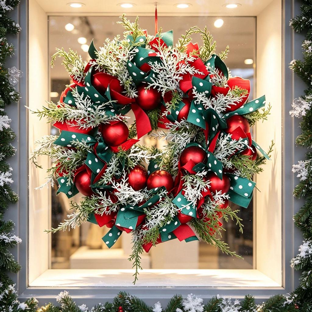 Christmas Ribbon Wreath Ornament: Holiday Party Door Hanger & Pine Branch Decoration