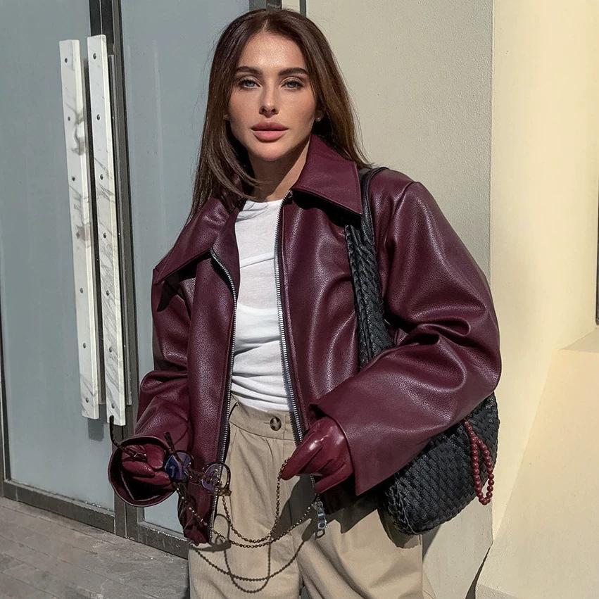 Locomotive leather jacket European and American autumn and winter new loose coat fashion leather jacket new women's coat