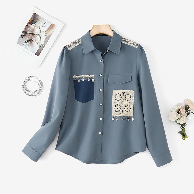 

ZANZEA Женская повседневная блузка с отложным воротником, длинными рукавами и пэчворком 3XL