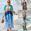 Plus Size Boho Cover Up, Women's Plus Painting Print Bat Sleeve V Neck Split Hem Maxi Cover Up Dress