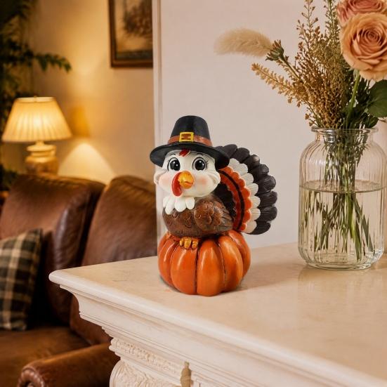 Holiday Gift for Friends And Family Resin Turkey Pumpkin Ornament Thanksgiving, Autumn Harvest Festive Tabletop Cute Statue Figurine with Retro
